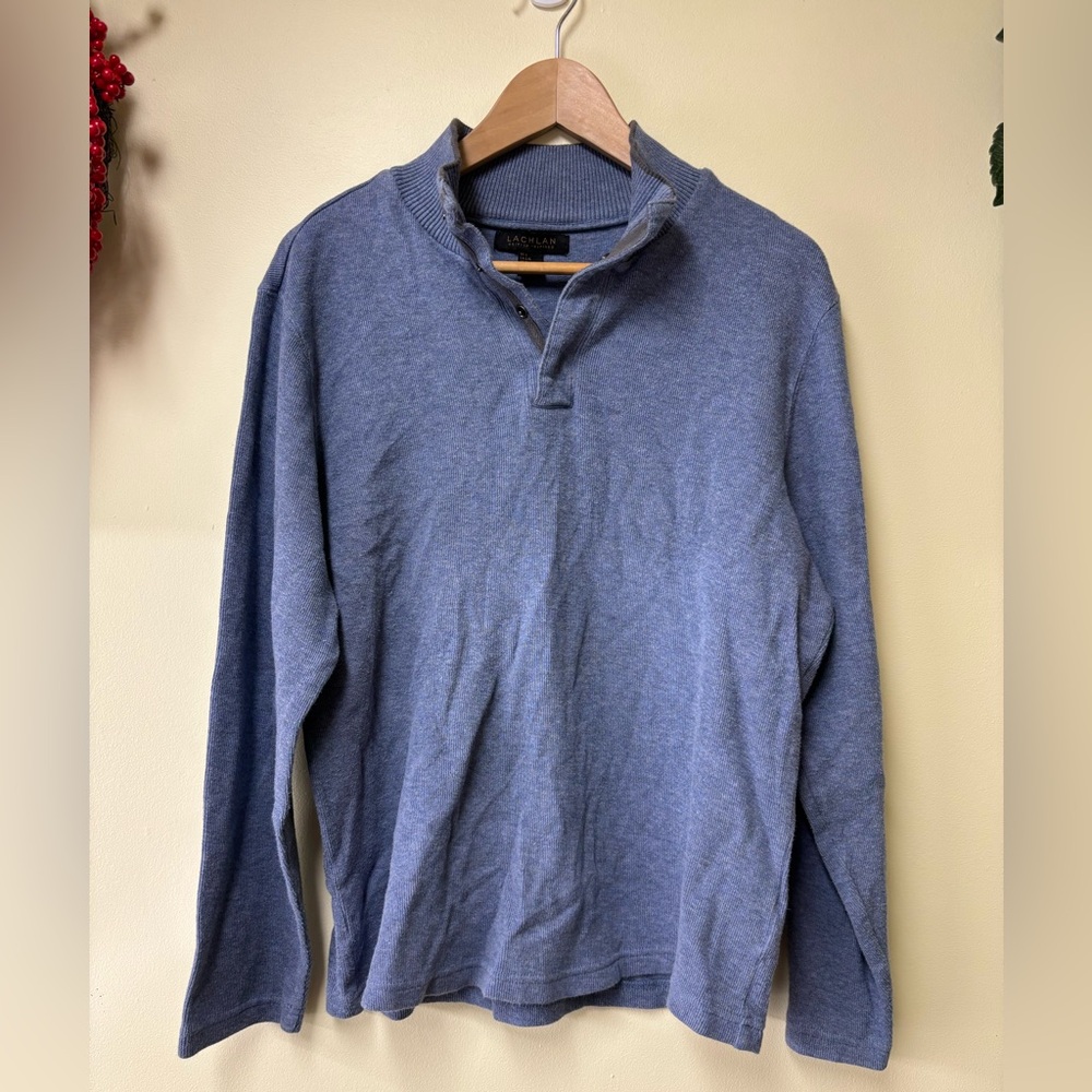 Men’s Lachlan Men’s British 1/4 Snap Blue 100% Cotton Sweater Size Large